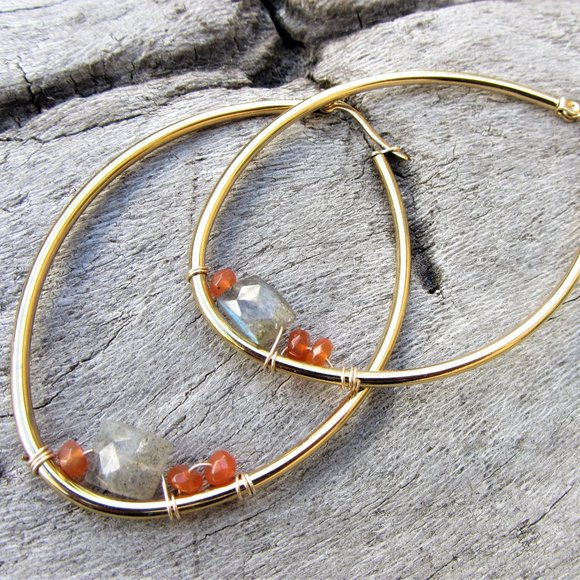 Handmade, brand new, Labradorite and Carnelian Hoop Earrings, Boho Beach Wear - Picture 1 of 3